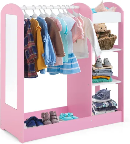 Дървена стойка за дрехи с огледало и рафтове розово